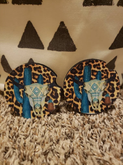 Leopard Cactus Steer Head Car Coasters (Set of 2 Rubber or Sandstone Car Coasters)