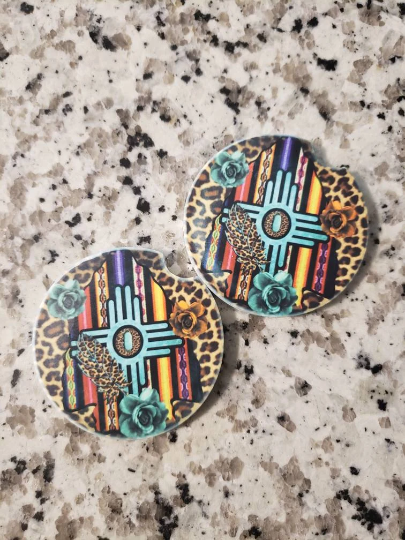 Aztec Leopard Car Coasters (Set of 2 Rubber or Sandstone Car Coasters)