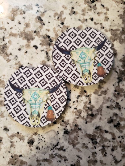 Aztec Steer Head Car Coasters (Set of 2 Rubber or Sandstone Car Coasters)