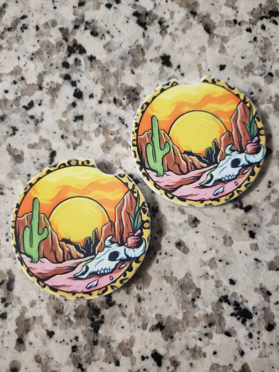 Desert Sunset Car Coasters (Set of 2 Rubber or Sandstone Car Coasters)