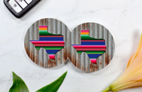 Serape Texas Tin Background Car Coasters (Set of 2 Rubber or Sandstone Car Coasters)