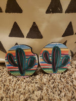 Serape Cactus Car Coasters (Set of 2 Rubber or Sandstone Car Coasters)