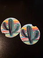Serape Cactus Car Coasters (Set of 2 Rubber or Sandstone Car Coasters)
