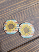Serape Sunflower Car Coasters (Set of 2 Rubber or Sandstone Car Coasters)