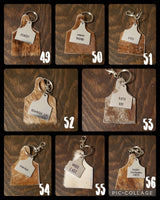 Cowhide Cattle Tag Keychain + Stamped Tag << 1-70 >> | Rodeo Accessory Hair On Hide Cow Tag Western Boho Cowgirl Keychain