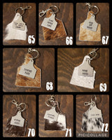 Cowhide Cattle Tag Keychain + Stamped Tag << 1-70 >> | Rodeo Accessory Hair On Hide Cow Tag Western Boho Cowgirl Keychain