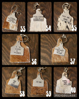 Cowhide Cattle Tag Keychain + Stamped Tag << 1-70 >> | Rodeo Accessory Hair On Hide Cow Tag Western Boho Cowgirl Keychain