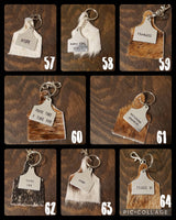 Cowhide Cattle Tag Keychain + Stamped Tag << 1-70 >> | Rodeo Accessory Hair On Hide Cow Tag Western Boho Cowgirl Keychain
