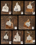 Cowhide Cattle Tag Keychain + Stamped Tag << 1-70 >> | Rodeo Accessory Hair On Hide Cow Tag Western Boho Cowgirl Keychain