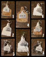 Cowhide Cattle Tag Keychain + Stamped Tag << 1-70 >> | Rodeo Accessory Hair On Hide Cow Tag Western Boho Cowgirl Keychain