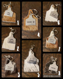 Cowhide Cattle Tag Keychain + Stamped Tag << 1-70 >> | Rodeo Accessory Hair On Hide Cow Tag Western Boho Cowgirl Keychain