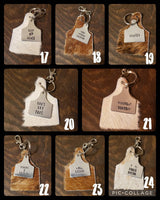 Cowhide Cattle Tag Keychain + Stamped Tag << 1-70 >> | Rodeo Accessory Hair On Hide Cow Tag Western Boho Cowgirl Keychain
