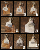 Cowhide Cattle Tag Keychain + Stamped Tag << 1-70 >> | Rodeo Accessory Hair On Hide Cow Tag Western Boho Cowgirl Keychain