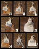 Cowhide Cattle Tag Keychain + Stamped Tag << 1-70 >> | Rodeo Accessory Hair On Hide Cow Tag Western Boho Cowgirl Keychain